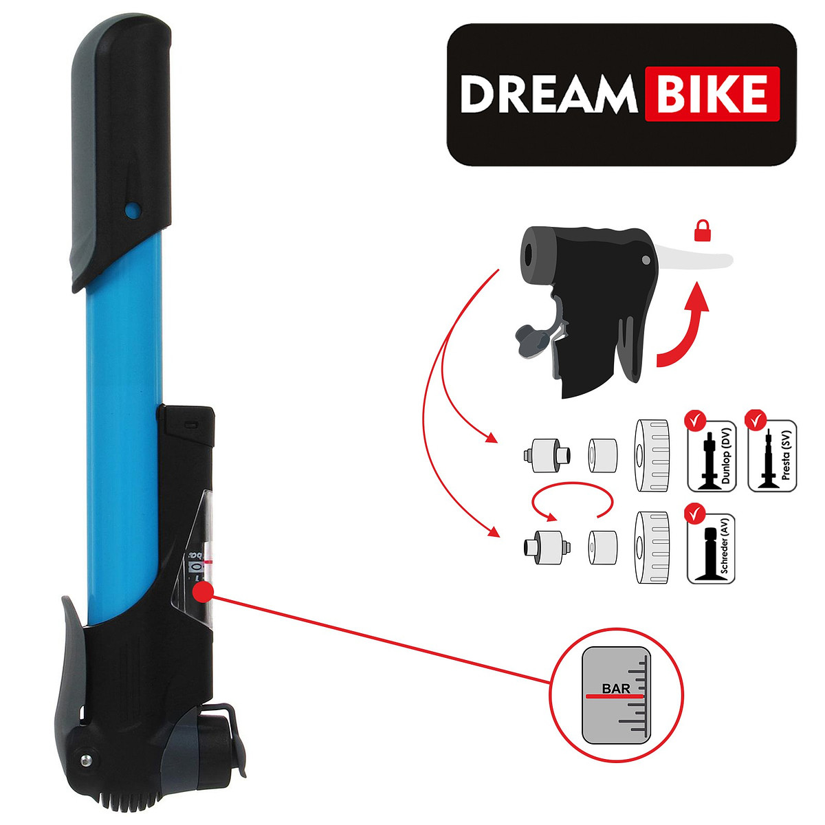 Насос ручной dream bike, с манометром, синий